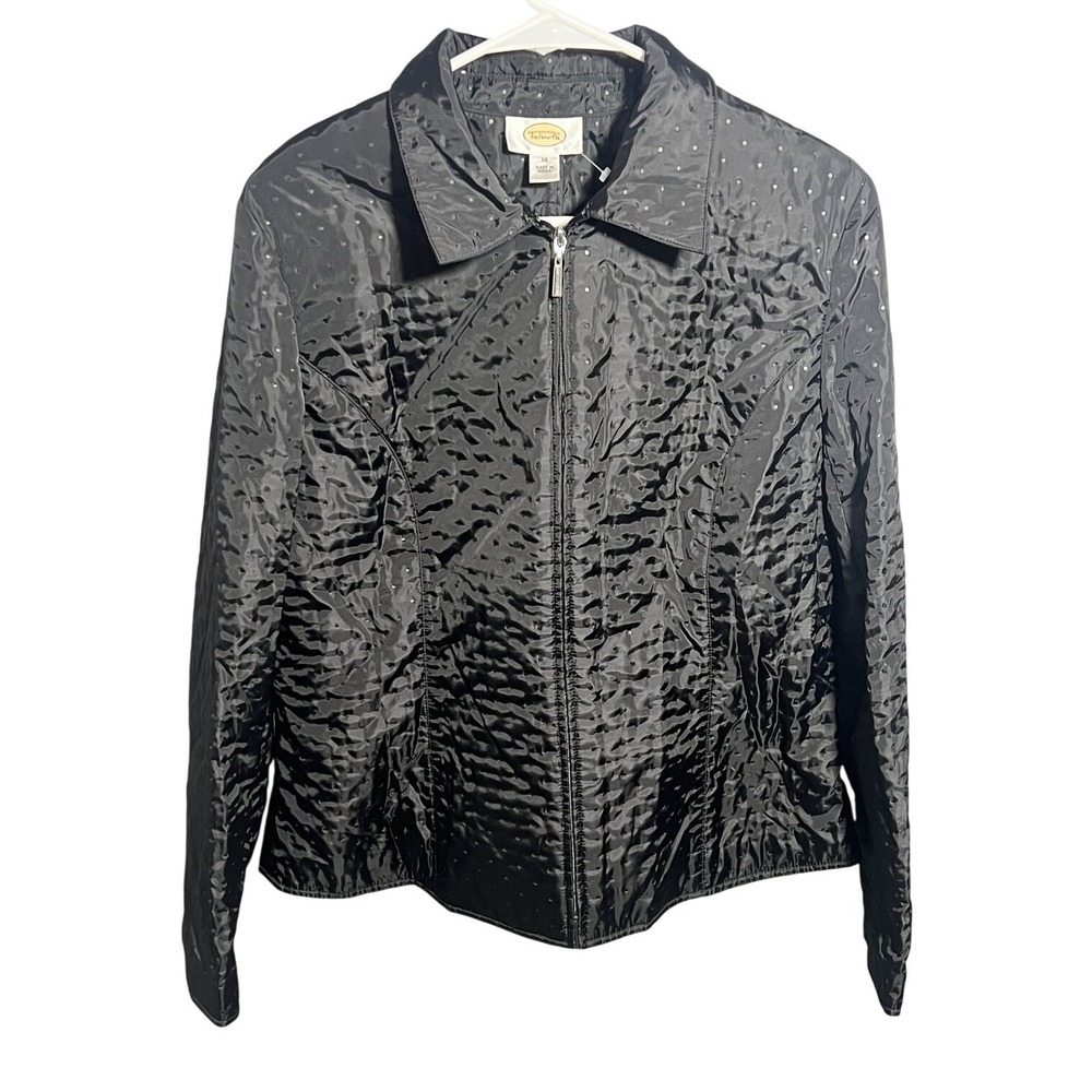 Talbots Women's Black Sequin Dot Textured Full Zip Jacket Size 14 Collared